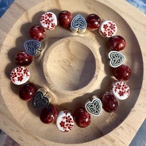 Heart Charm Red and White Beaded Bracelet